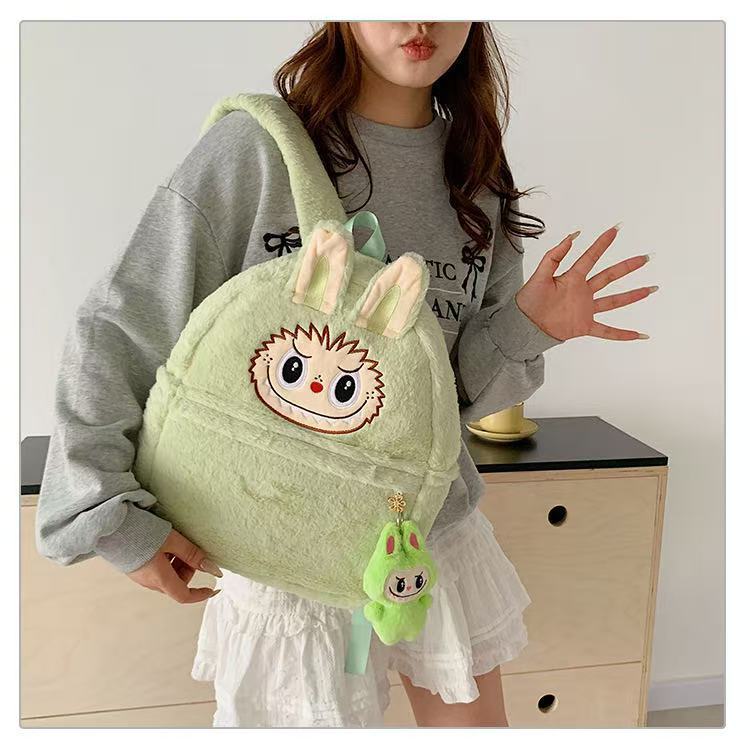 Sac à dos Labubu vert en peluche – Accessoire kawaii avec porte-clés
